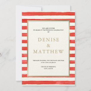 Poinciana Red Watercolor Stripes & Gold Lettering Invitation