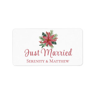 Poinsetia Christmas Floral Just Married Wedding Label