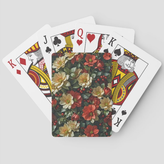 Poinsetia, fleurs rétro en rouge et vert playing cards (Back)