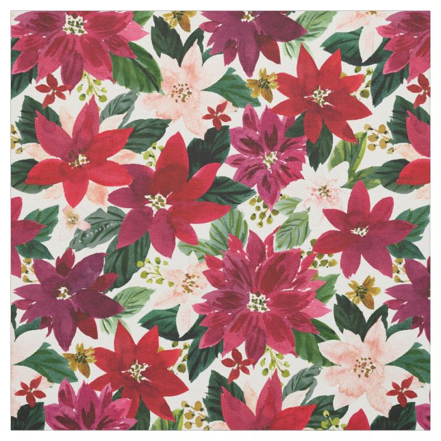 POINSETTIA ABUNDANCE Red Holiday Watercolor Floral Fabric (Swatch)
