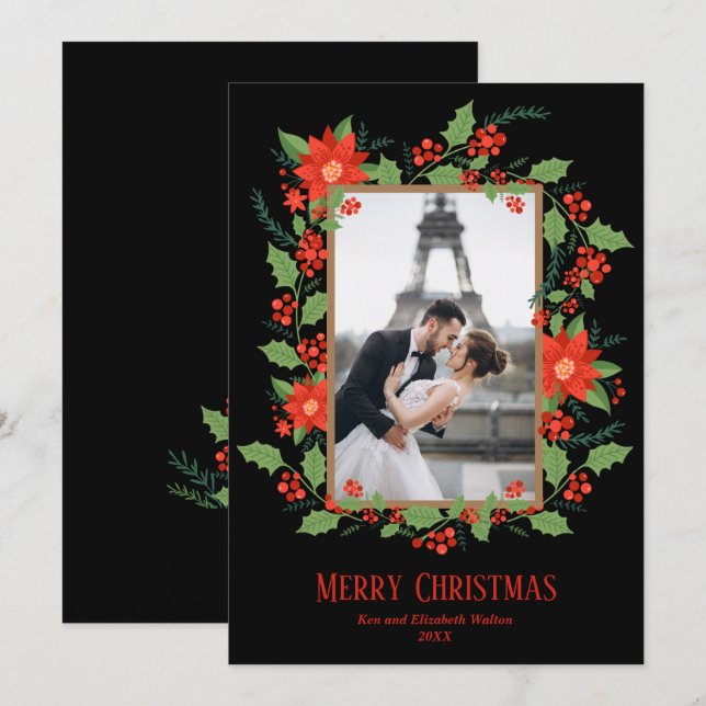 Poinsettia and Berries Christmas Photo Holiday Card (Front/Back)