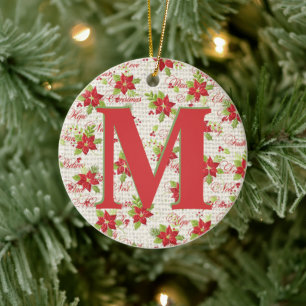 Poinsettia and Christmas words monogram Ceramic Tree Decoration
