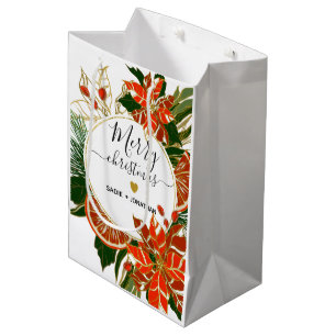 Poinsettia and Citrus Gold Merry Christmas Medium Gift Bag
