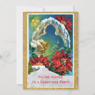 Poinsettia and Gold Bells Christmas Holiday Party Invitation