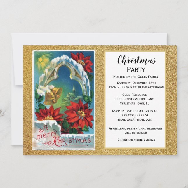  Poinsettia and Gold Bells Christmas Holiday Party Invitation (Back)