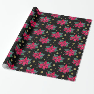 Poinsettia and Gold Circles Pattern Wrapping Paper