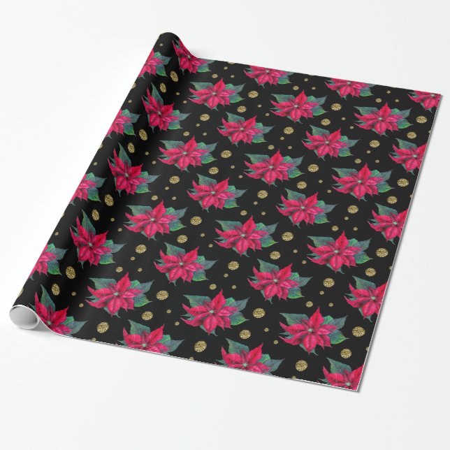 Poinsettia and Gold Circles Pattern Wrapping Paper (Unrolled)