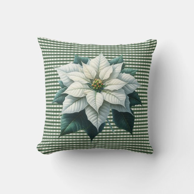 Poinsettia and Green Stripe Christmas Holiday Cushion (Front)