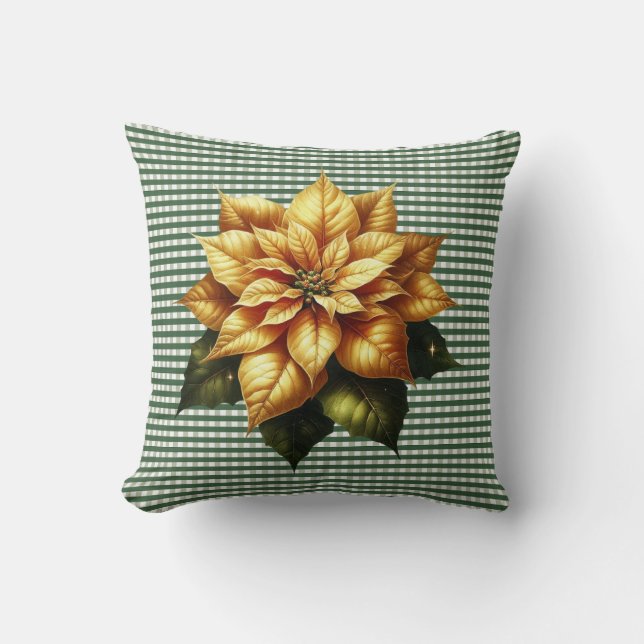 Poinsettia and Green Stripe Christmas Holiday Cushion (Front)