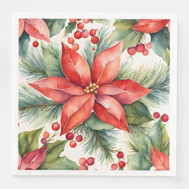 Poinsettia and Holly Berries Christmas  Napkin (Front)