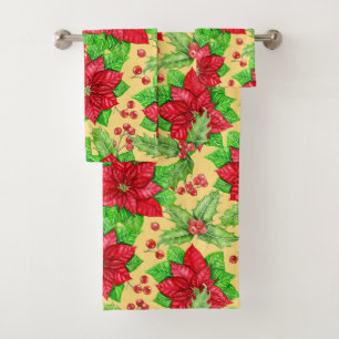Poinsettia and holly berry watercolor bath towel set