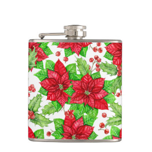 Poinsettia and holly berry watercolor Christmas Hip Flask