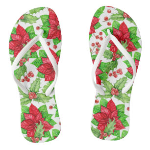 Poinsettia and holly berry watercolor Christmas Jandals