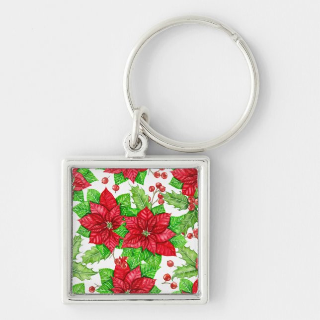Poinsettia and holly berry watercolor Christmas Key Ring (Front)