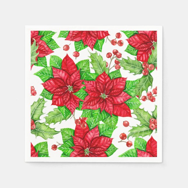 Poinsettia and holly berry watercolor Christmas Napkin (Front)