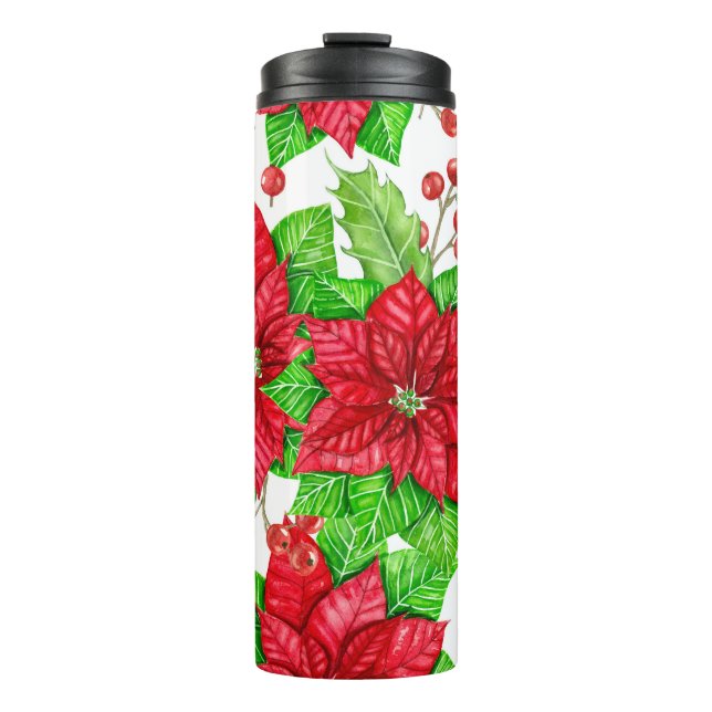 Poinsettia and holly berry watercolor Christmas Thermal Tumbler (Front)