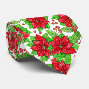Poinsettia and holly berry watercolor Christmas Tie