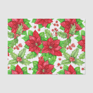 Poinsettia and holly berry watercolor Christmas Tissue Paper