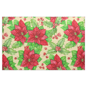 Poinsettia and holly berry watercolor fabric