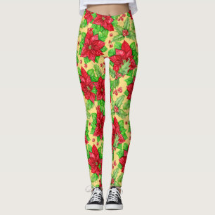 Poinsettia and holly berry watercolor leggings
