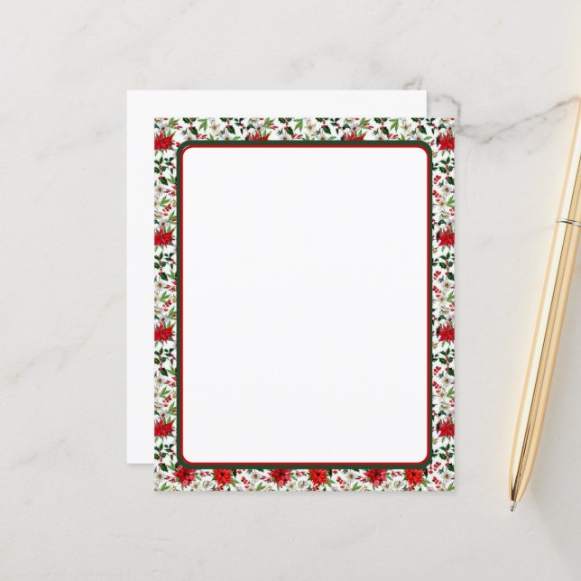Poinsettia and holly Christmas stationery (Front/Back In Situ)