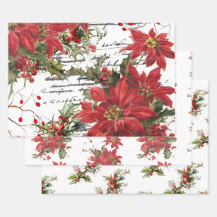 Poinsettia and holly wrapping paper sheet