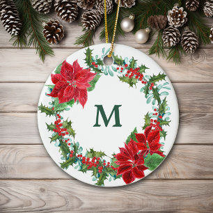 Poinsettia and Holly Wreath Christmas Ceramic Tree Decoration