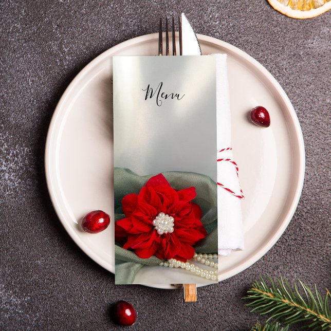 Poinsettia and Pearls on Green Winter Wedding Menu (Set a festive December dinner table with the wintery Poinsettia and Pearls Wedding Menu.)