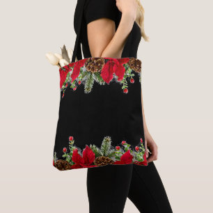 Poinsettia and Pine Christmas Tote Bag