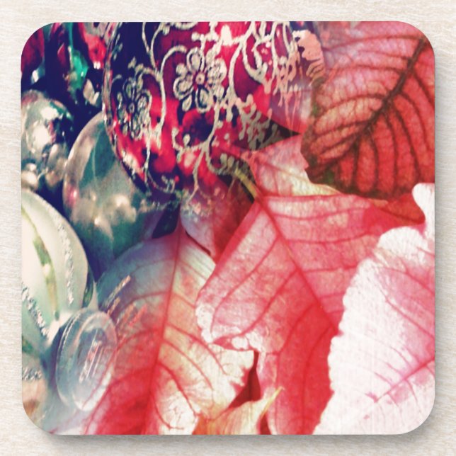 Poinsettia and Vintage Christmas Ornaments Digital Coaster (Front)
