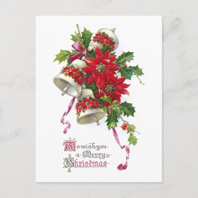 Poinsettia Bells and Holly Vintage Christmas Holiday Postcard (Front)
