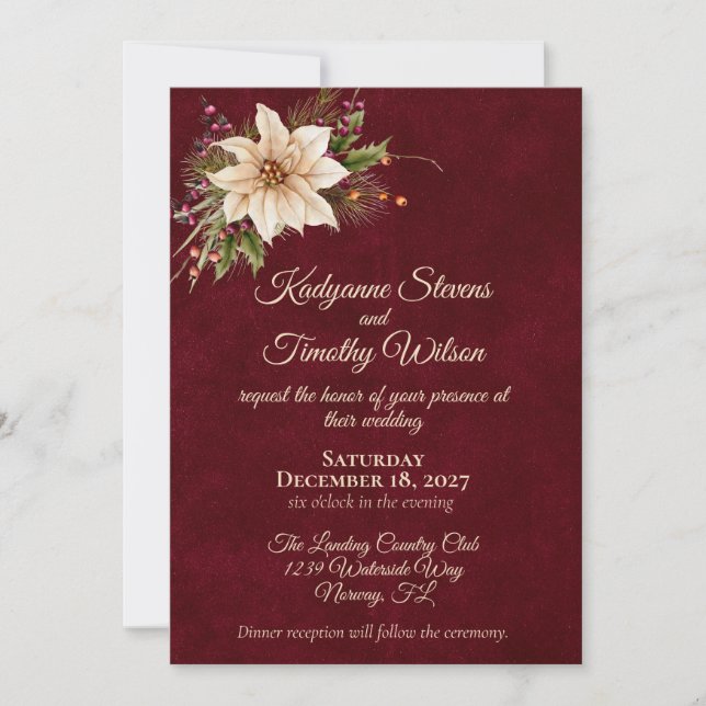 Poinsettia & Berries Elegant Wedding Invitation (Front)