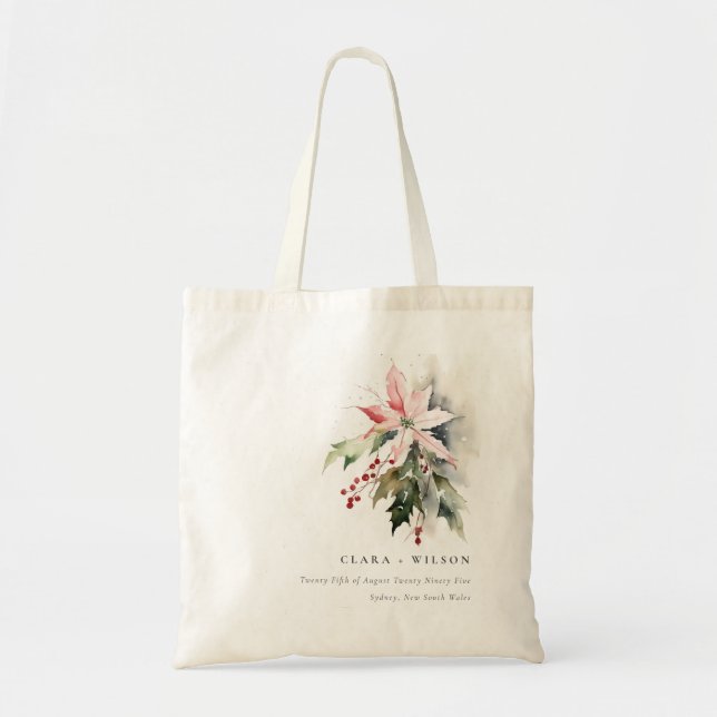 Poinsettia Berries Foliage Watercolor Wedding Tote Bag (Front)
