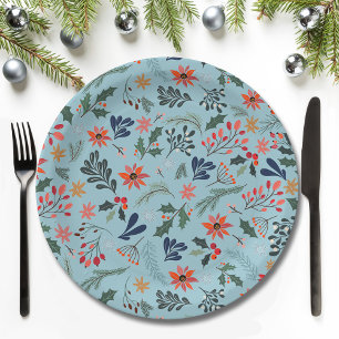 Poinsettia Berries Leaves Holiday Christmas Paper Plate