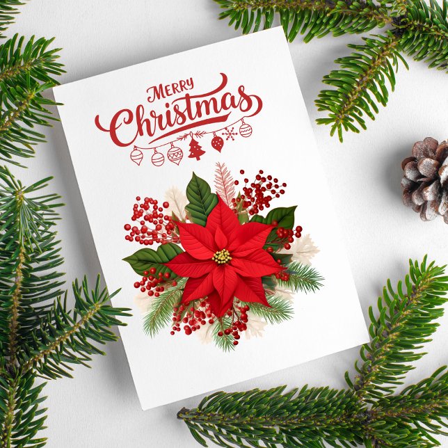 Poinsettia Berries Ornaments Merry Christmas Holiday Card (Creator Uploaded)