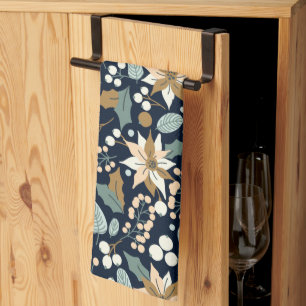 Poinsettia black background winter holiday  tea towel