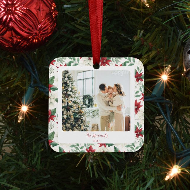 Poinsettia Border Square Holiday Ceramic Ornament (Creator Uploaded)