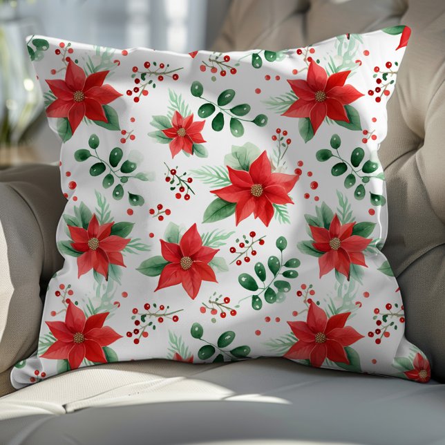 Poinsettia Botanical Minimalist Watercolor Pattern Cushion (Creator Uploaded)