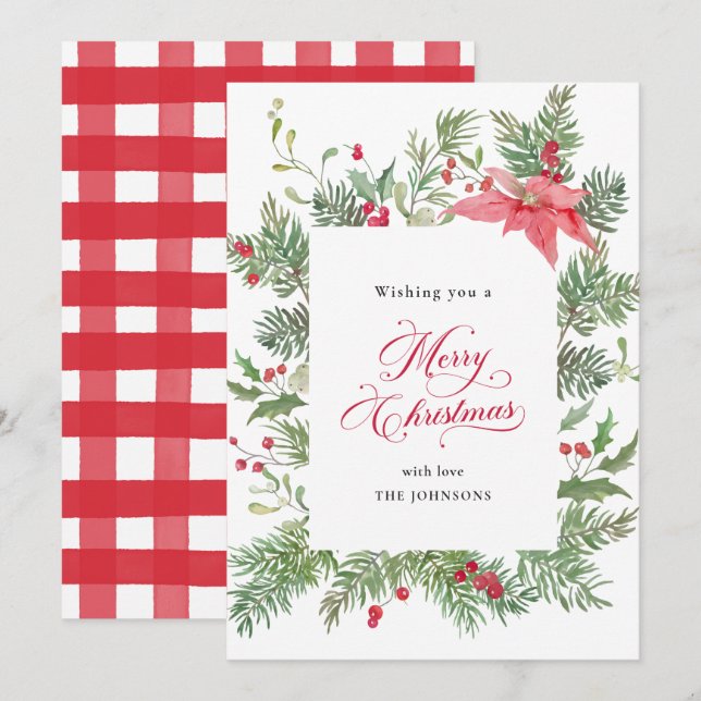 Poinsettia Botanical Red Plaid Christmas Holiday Card (Front/Back)