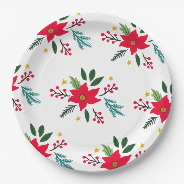 Poinsettia Botanicals Foliage Holiday Christmas  Paper Plate (Front)