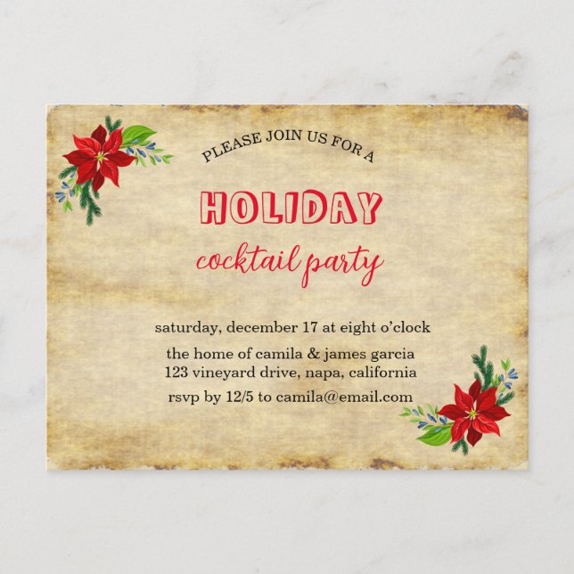 Poinsettia Bouquet, Vintage Christmas party Invitation Postcard (Front)
