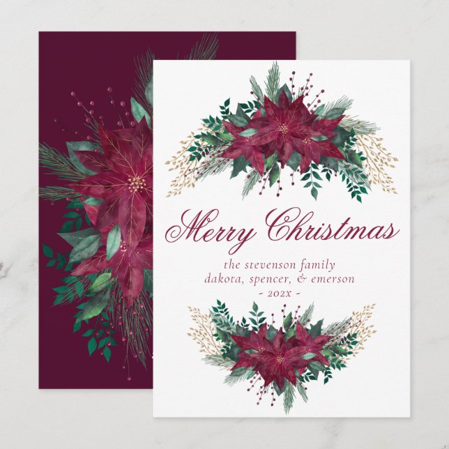 Poinsettia Burgundy and Teal Winter Floral Garland Holiday Card (Front/Back)