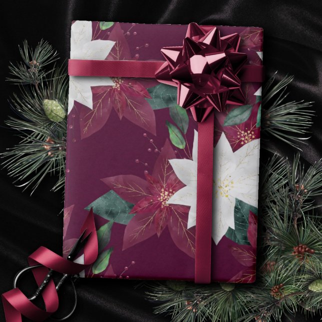 Poinsettia Burgundy and Teal Winter Holiday Floral Wrapping Paper (Creator Uploaded)