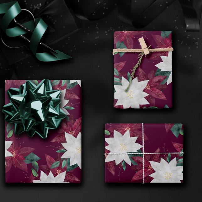 Poinsettia Burgundy and Teal Winter Holiday Floral Wrapping Paper Sheet (Creator Uploaded)