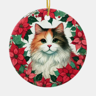 Poinsettia Calico Cat Christmas Ceramic Tree Decoration