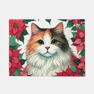 Poinsettia Calico Cat Christmas Doormat