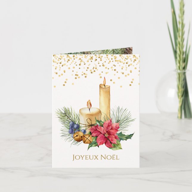 Poinsettia, candles, pine, bells French Christmas Holiday Card (Front)