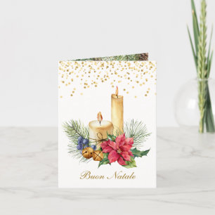 Poinsettia, candles, pine, bells Italian Christmas Holiday Card