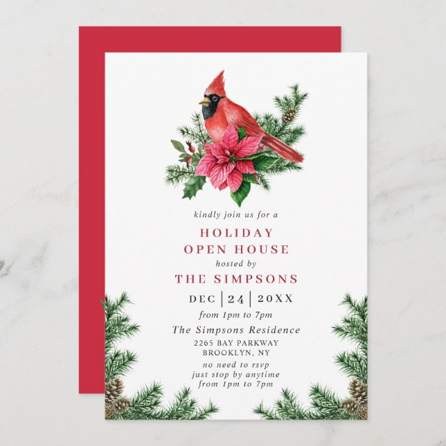 Poinsettia & Cardinal Holiday Christmas Open House Invitation (Front/Back)