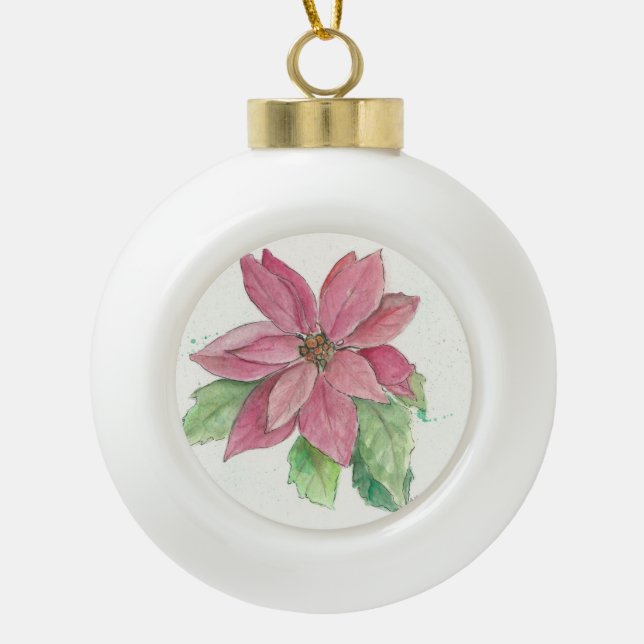 Poinsettia Ceramic Ball Christmas Ornament (Front)